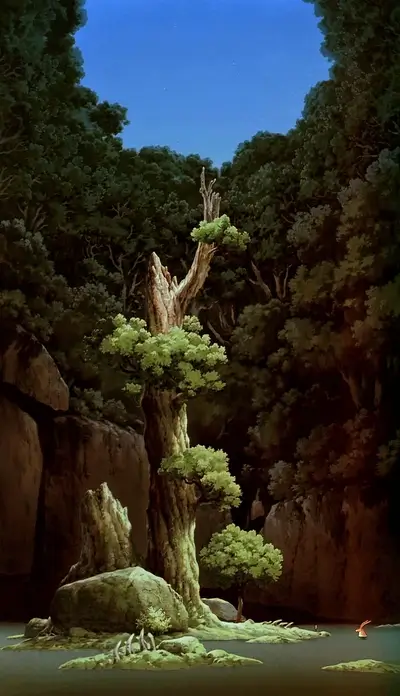 Enchanted forest scene, a solitary tree in a still pool