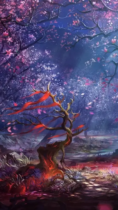 Enchanted forest with cherry blossoms, glowing tree, and ribbons flowing in the wind.