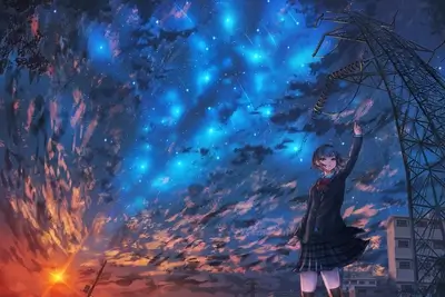 Enchanting scene of girl gazing at luminous sky, energy tower in distance.