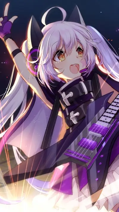 Energetic anime girl playing electric guitar on stage