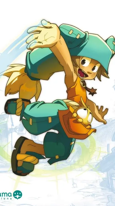 Energetic character design jumps forward with determination, sidekick looking up