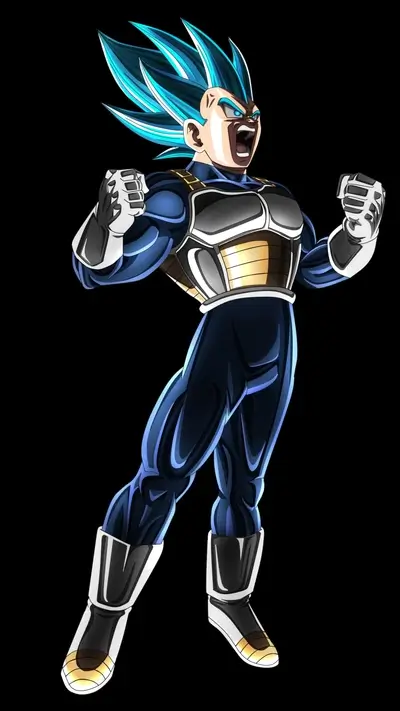 Energetic Vegeta Super Saiyan Blue in battle armor, face showing fury.