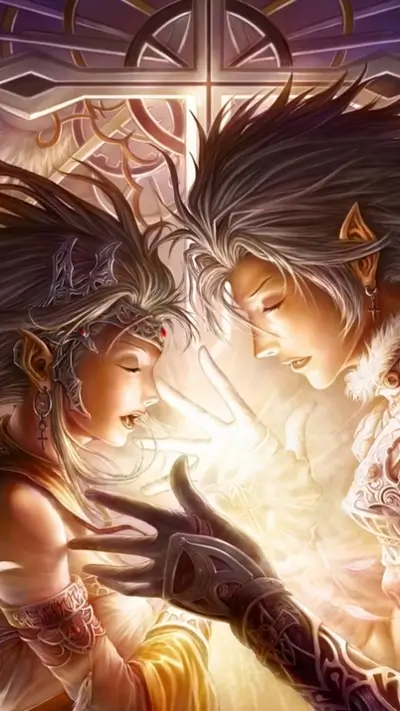 Enigmatic beings sharing light, ethereal figures in harmony