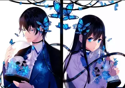 Enigmatic pair holding skulls encased in blue butterflies