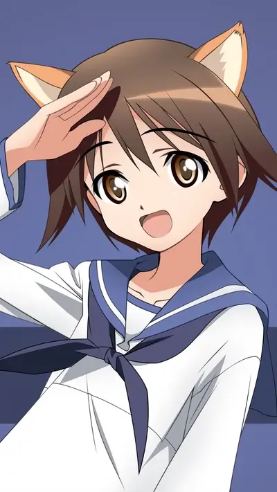 Enthusiastic anime girl with brown hair, wearing a sailor uniform and fox ears