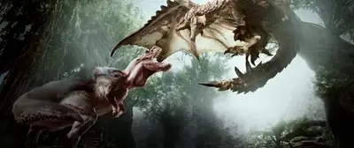 Epic battle between a T-Rex and a dragon in a lush jungle
