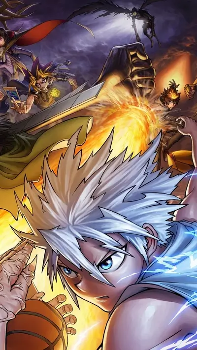 Epic crossover battle scene featuring various characters