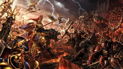 Epic fantasy battle scene with golden and red armies clashing
