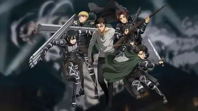 Eren Yeager and Survey Corps squad ready for action with weapons