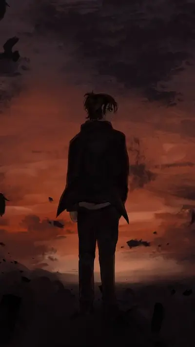 Eren Yeager standing in a devastated landscape during sunset
