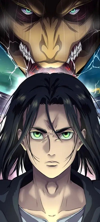 Eren Yeager with titan form looming, intense stare