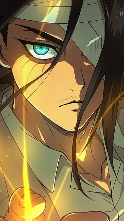 Eren Yeager's intense gaze, wounded and determined