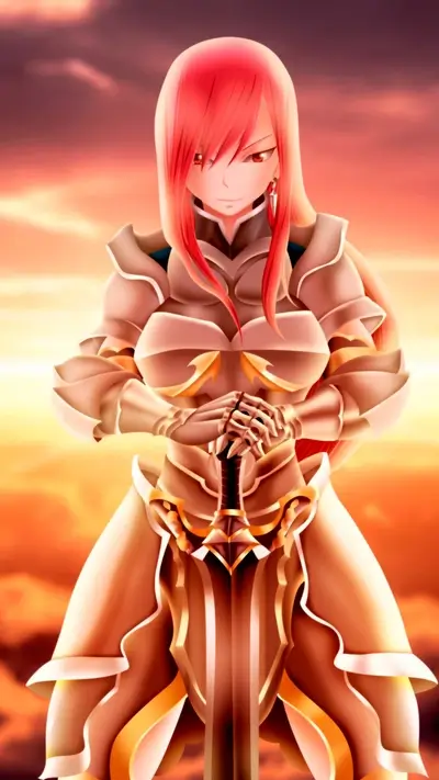 Erza Scarlet in shining armor holding a sword, against a dramatic sunset background