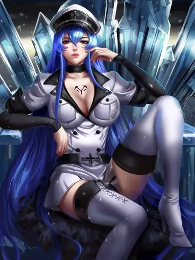 Esdeath sitting on ice throne looking at viewer.