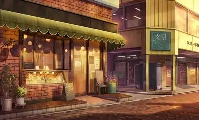 Evening street scene with a cafe and stationery store