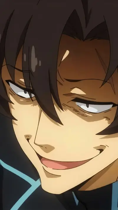 Evil smile on a character's face, cunning expression
