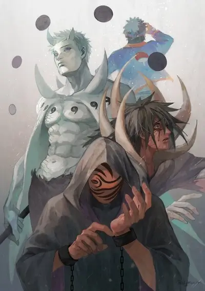 Evolving forms of Obito Uchiha displayed in artistic rendering