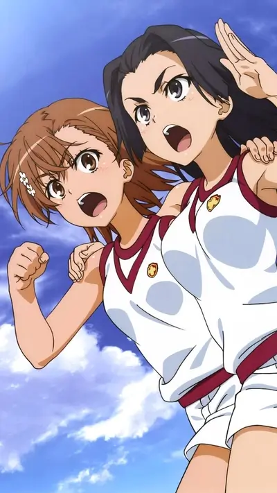 Excited anime girls cheering together, against cloudy blue sky