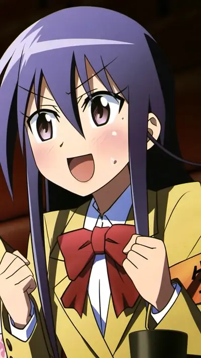 Excited girl with purple hair in school uniform