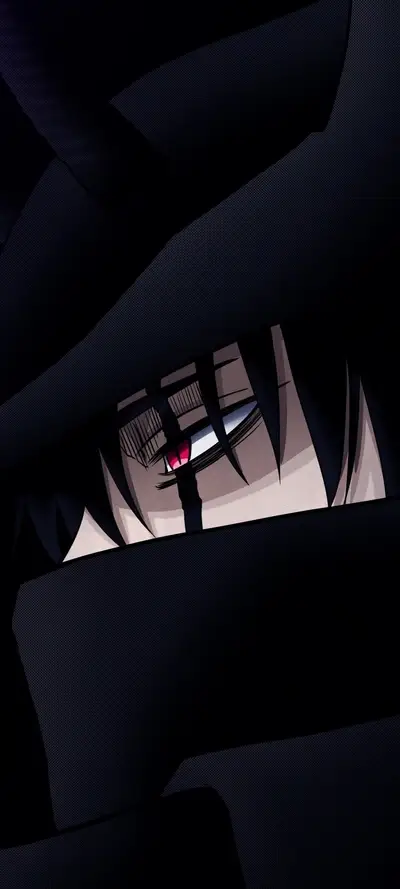 Eye of mysterious hooded character with one red and one grey-blue eye