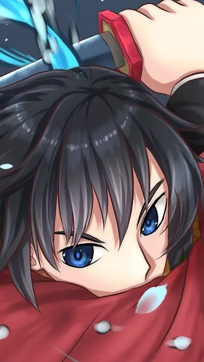 Eyes peering over red fabric holding a katana
