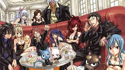 Fairy Tail characters in formal attire sitting on a sofa