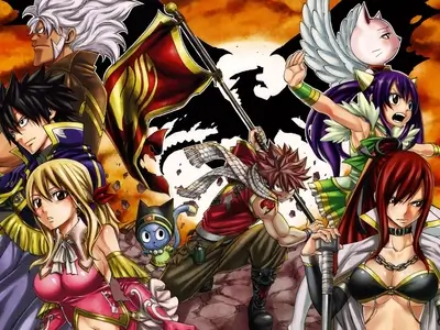 Fairy Tail wizards assembled together with guild flag
