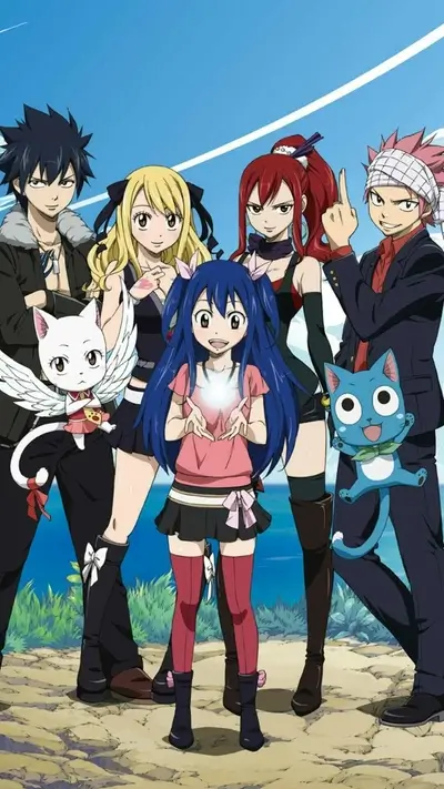 Fairy tail wizards standing together under a bright blue sky