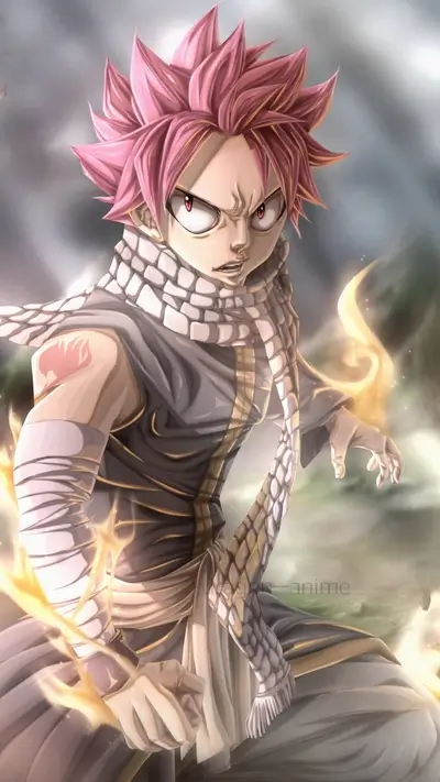 Fairy Tail's Natsu Dragneel, fiery determination and intense gaze, ready for battle