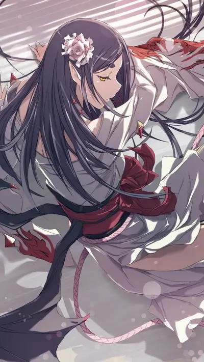 Fallen angel girl in white kimono