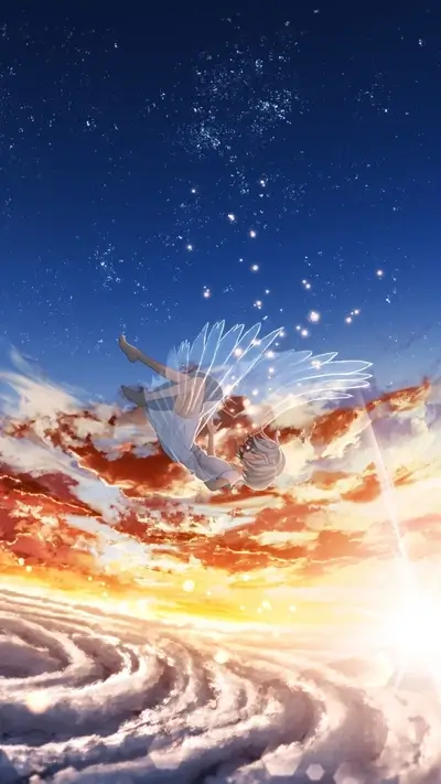 Falling angel in sunset sky