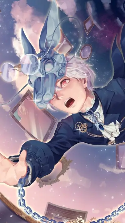 Falling boy with rabbit mask and chains