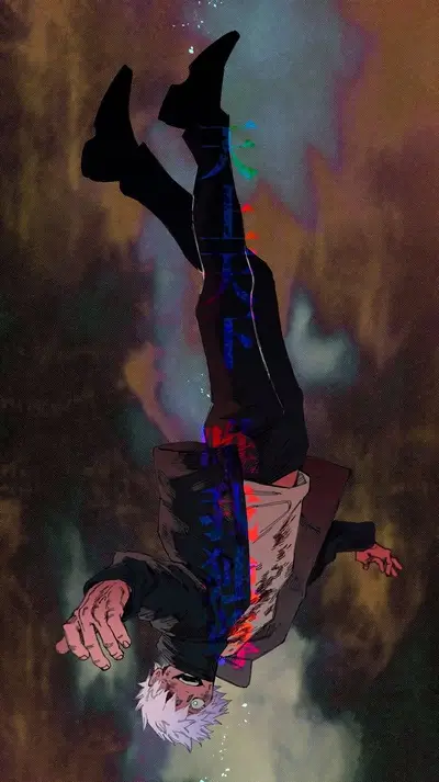 Falling figure in dark attire, vibrant background