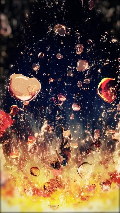 Falling through dreamlike water droplets, surreal and fiery.