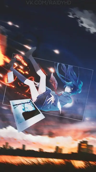 Falling young woman with dark hair and uniform in midair.