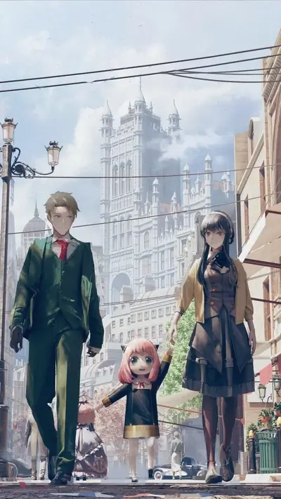 Family strolls through an urban setting with old European architecture in the background