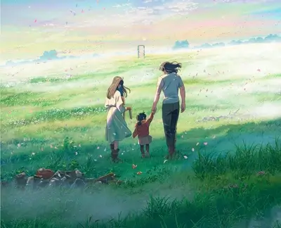 Family walking in a field towards a door