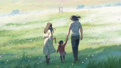 Family walking towards mysterious door in a dreamy field filled with flowers and petals