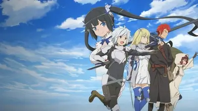Fantasy adventurers walking against a bright blue sky with clouds