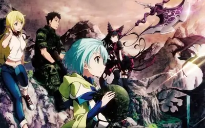 Fantasy anime characters amidst rocky mountains and a dragon