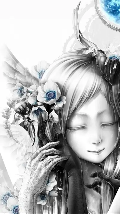 Fantasy art: A serene girl with closed eyes, floral adornments, ethereal