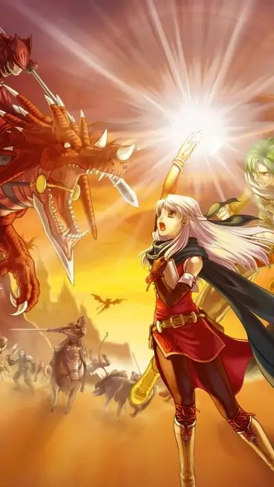 Fantasy battle scene, a girl raises her hand towards a bright light