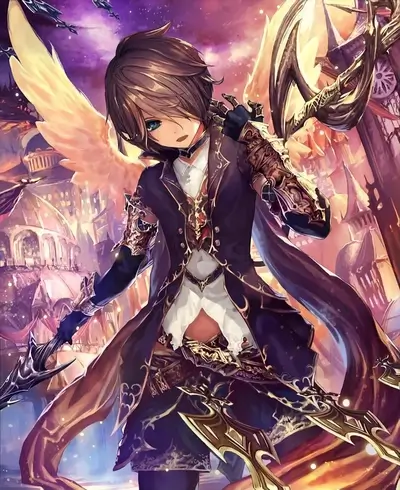 Fantasy boy with wings and ornate weapons