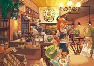 Fantasy cafe with various characters