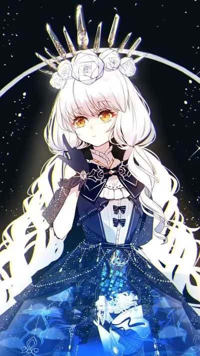 Fantasy character with white hair and intricate crown in elegant dark blue dress