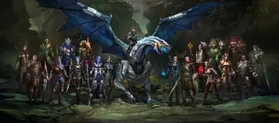 Fantasy characters and a dragon