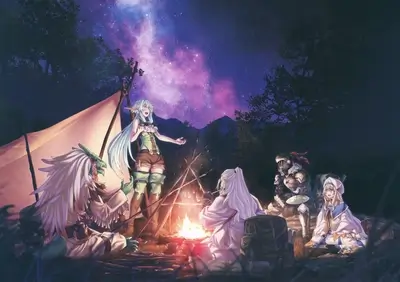 Fantasy characters around campfire under starry sky