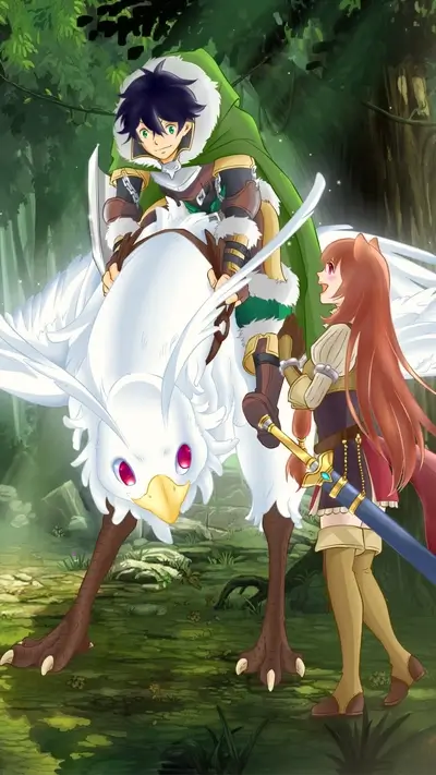 Fantasy characters riding a white bird in a forest