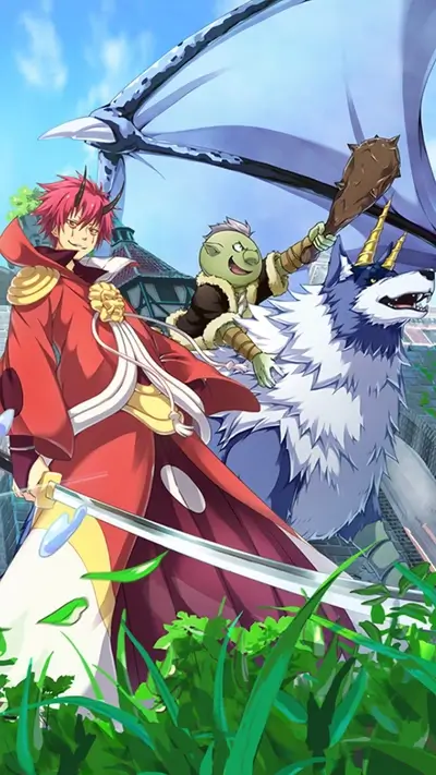 Fantasy characters with a dragon wing in a grassy field
