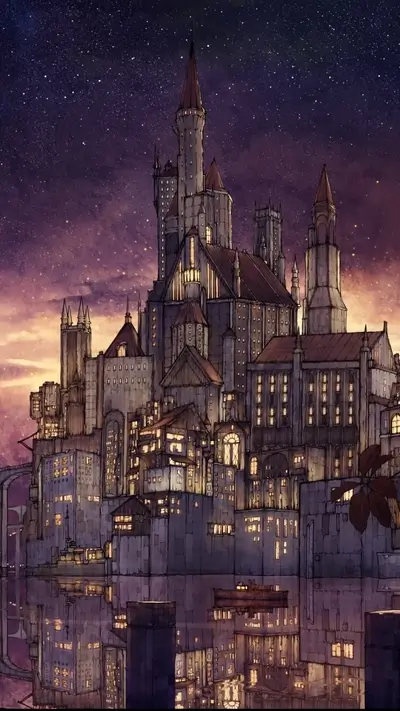 Fantasy city at night reflected in water